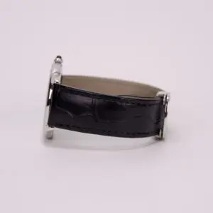 Black leather watch strap, side view.