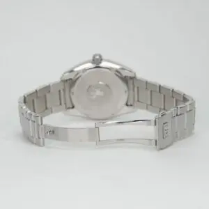 Silver watch with metal bracelet, rear view.