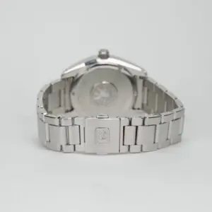 Silver watch with metal link bracelet.
