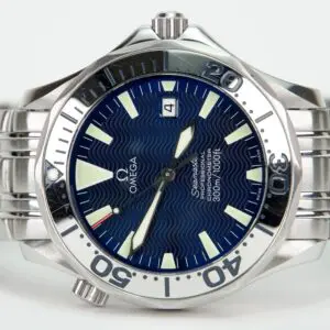 Silver wristwatch with blue face and numbers.