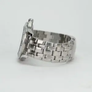 Silver metal wristwatch with linked band.