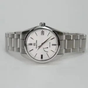 Silver wristwatch with white dial and bracelet.