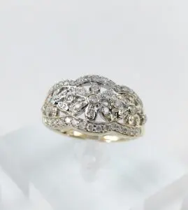 14k Multi-Tone Gold Diamond Open Work Cluster Floral Flower Band Ring 7.25''