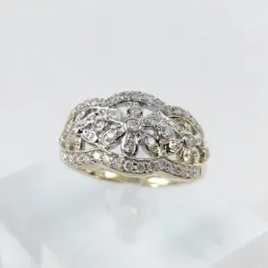 14k Multi-Tone Gold Diamond Open Work Cluster Floral Flower Band Ring 7.25''