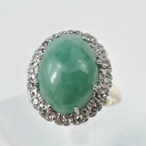 14k Two-Tone Gold Jadeite Jade Halo Natural Diamond Cocktail Ring 7.75''