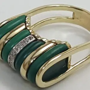 14k Two Tone White & Yellow Gold Unique Malachite Diamond Ring Size 8.75