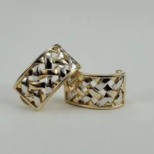 14k Two Tone Yellow White Gold Basket Weave Woven Leverback Earrings 3/4''