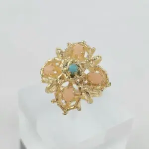 14k Yellow Gold Coral Turquoise Open Work Cocktail Ring 7''