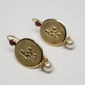 14k Yellow Gold Ruby Cabochon Pearl Drop Hook Leverback Erotica Earrings