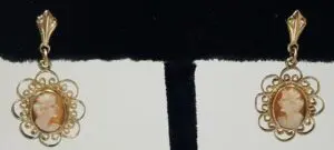 14k Yellow Gold Vintage Carved Shell Cameo Drop Down Filigree Earrings