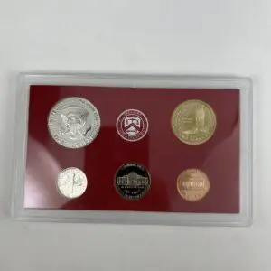 Coin set in a display case.