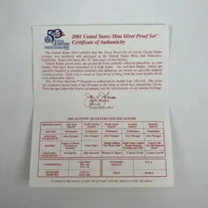 2001 US Mint Silver Proof Set certificate.