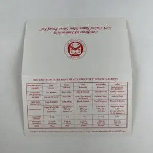 2001 Silver Proof Set specifications document.