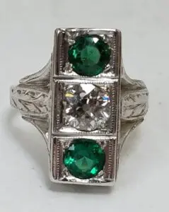 Art Deco Vintage 20k White Gold .5ct Diamond Green Stone Ring