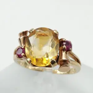 Retro 14k Yellow Gold 2.12ctw Citrine Ruby Scroll Work Cocktail Ring 5.25''