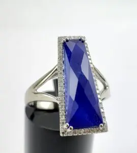 Sophia 14k White Gold Quartz Over Lapis Lazuli .43ct Unique Diamond Halo Ring