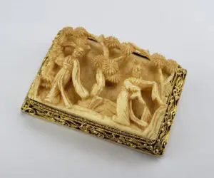 Vintage Silver Chinese Scene Gold Tone Engraved Carved Filigree Brooch Pin