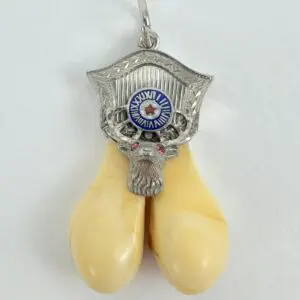 Pendant with tusks and ornate silver design.