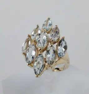 10k Yellow Gold 3.00ctw Aquamarine Navette Cluster Cocktail Band Ring 6''