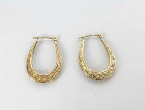 10k Yellow Gold Weave Basket Texture Hoop Earrings 1''