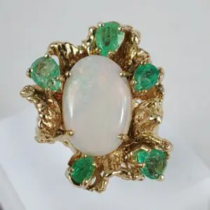 14k 10k Yellow Gold 3.45ctw Natural Opal Emerald Cocktail Coral Reef Dinner Ring