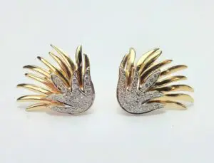 14k Multi-Tone Gold Pave Diamond Omega Leverback Feather Bird's Wings Earrings