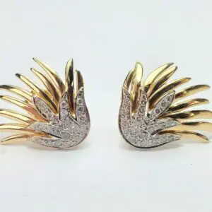 14k Multi-Tone Gold Pave Diamond Omega Leverback Feather Bird's Wings Earrings