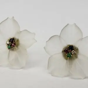 14k Yellow Gold Frosted Glass Diamond Ruby Blue Sapphire Emerald Flower Earrings