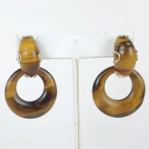 14k Yellow Gold Large Tiger's Eye Oval Dangle Dangling Stud Style Earrings 2''