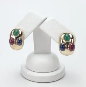 14k Yellow Gold Natural Oval Cabochon Emerald Ruby Blue Sapphire Omega Earrings