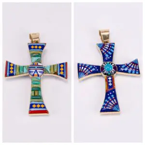 14k Yellow Gold Reversible Turquoise Enamel Cross Pendant 2 3/4''