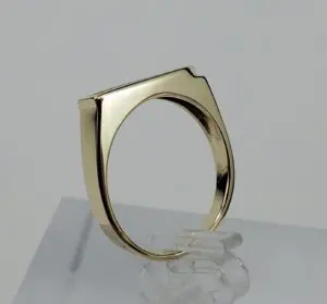 Gold geometric ring on clear stand.