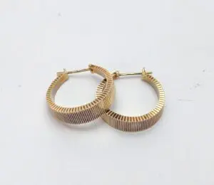 Gold textured hoop earrings on white background.