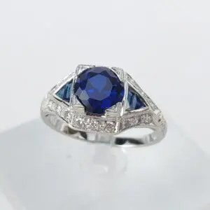 18k White Gold Diamond Lab Grown Blue Sapphire Deco Style Band Ring 6.5''