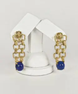 18k Yellow Gold Lapis Lazuli Textured Brutalist Drop Dangle Stud Earrings 1 3/4