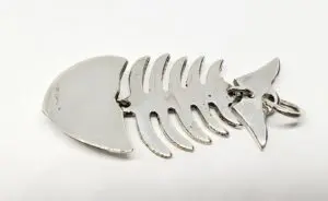 Fish bone skeleton metal pendant on white.