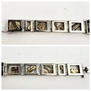 Silver bracelet with decorative gold charms.