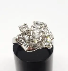 Diamond ring with baguette and round stones.
