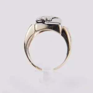 Gold ring with silver detailing, side view.