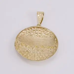 Gold textured oval pendant on white background.