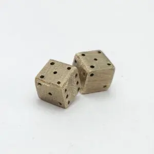 Two metallic dice on white background.