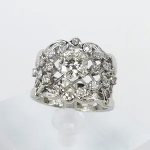 14k White Gold 1.11ctw .75c Round Diamond Lace Wide Band Ring 5.75''