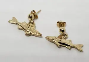 14k Yellow Gold Dangling Fish Nautical Oceanic Stud Friction Back Earrings