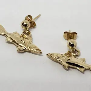 14k Yellow Gold Dangling Fish Nautical Oceanic Stud Friction Back Earrings