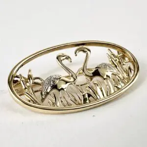 14k Yellow Gold Flamingo Bird Diamond Broach Pin 1 1/2''