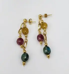 14k Yellow Gold Ruby Blue Yellow Tourmaline Tassel Drop Dangle Hanging Earrings