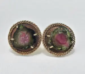 Watermelon tourmaline earrings with gold setting.