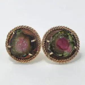 14k Yellow Gold Unique Watermelon Tourmaline Crystal Slice Cufflinks