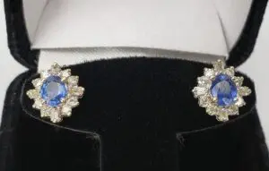 18k White Gold .92ct Blue Sapphire .40ct Diamond Halo 1.32ctw Stud Earrings