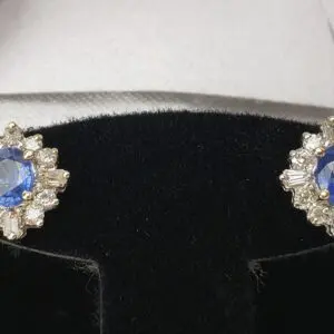 Blue gemstone earrings in black velvet box.